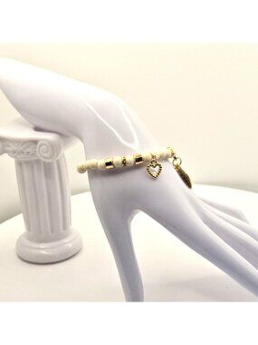 Gold Tone And Ivory Beaded Stretch Charm Bracelet With Heart Pendants Love Engra